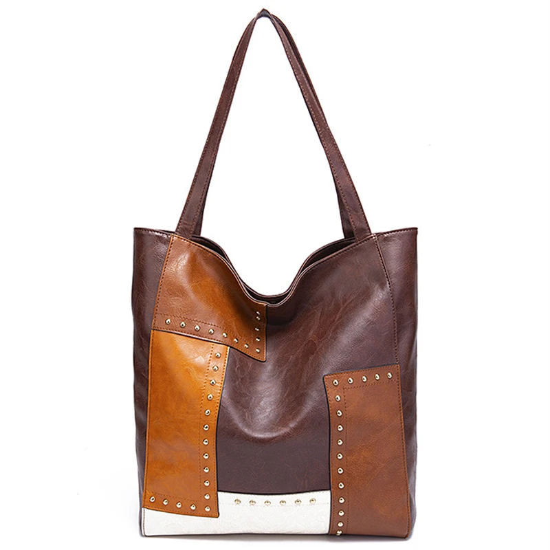 

Tote Bag for Women Handmade Vintage Patchwork Shoulder School Bag Soft leather tote Shopper Bag Large Capacity