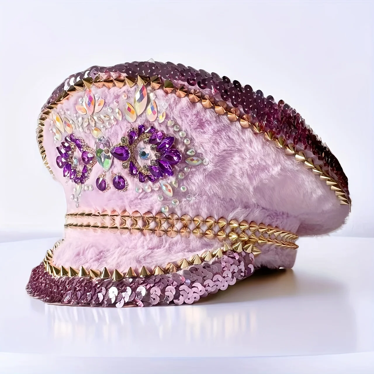 HongLuan Berretti militari da donna Lilla Peluche Viola Argento Strass Festival Cappello da capitano Cappello da sposa Navy Cappello da addio al nubilato