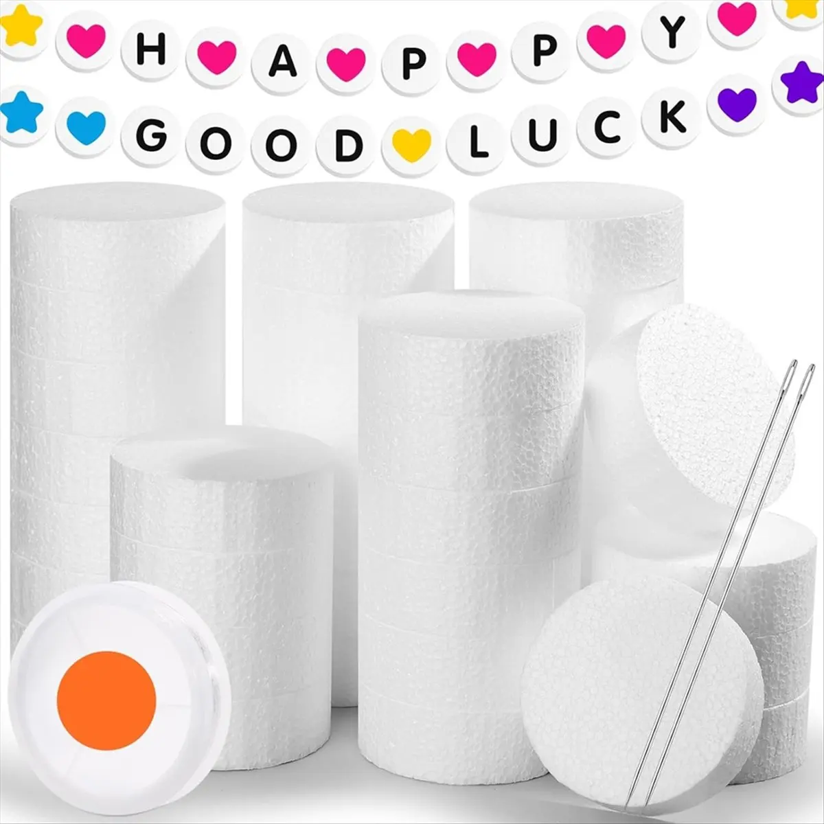LUCK 36Pcs Craft Foam Circles with Fishing Line and Needle, 3 Inch Round Foam Discs Polystyrene Circles for Friendship DIY