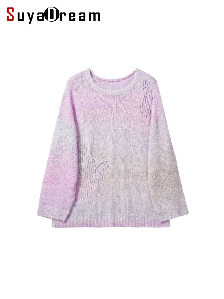 

SuyaDream Warm Alpaca Pullovers for Woman, Dropped Sleeved Loose Sweaters, Gradient Color 2024 Fall Winter Top