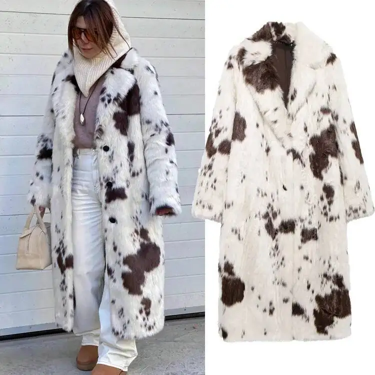 

Animal Print Women Faux Fur Notched Collar Furry Jacket Streetwear Loose Plush Coat Winter Long Sleeve Flurry Overcoat