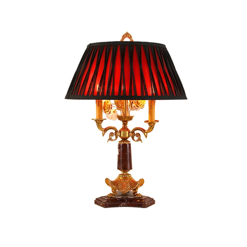 European Copper Material Vintage Style Bedroom Bedside Red Fabric Desk Light French Marble Brass Living Room Table Lamp