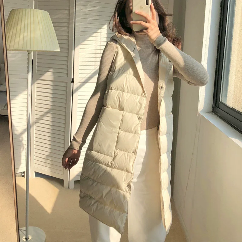 

Осень-зима женский теплый пуховый жилет с капюшоном легкий тонкий белый жилет на утином пуху пальто женская длинная майка без рукавов парки