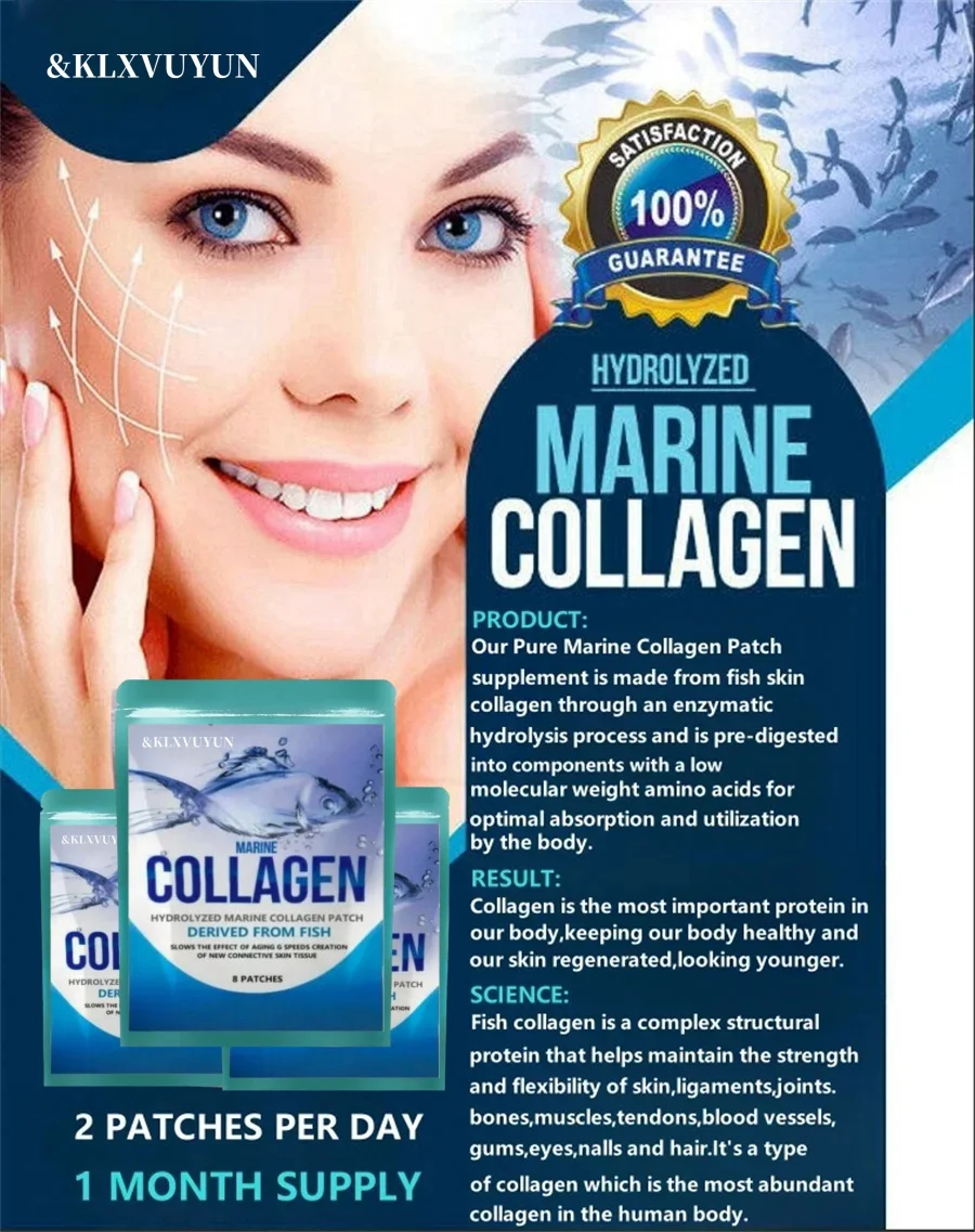 Hydrolyzed Fish Collagen Marine Tablets Skin Anti Ageing Tissue Joints 8 Patches, Transdermal Patches Made In The Usa