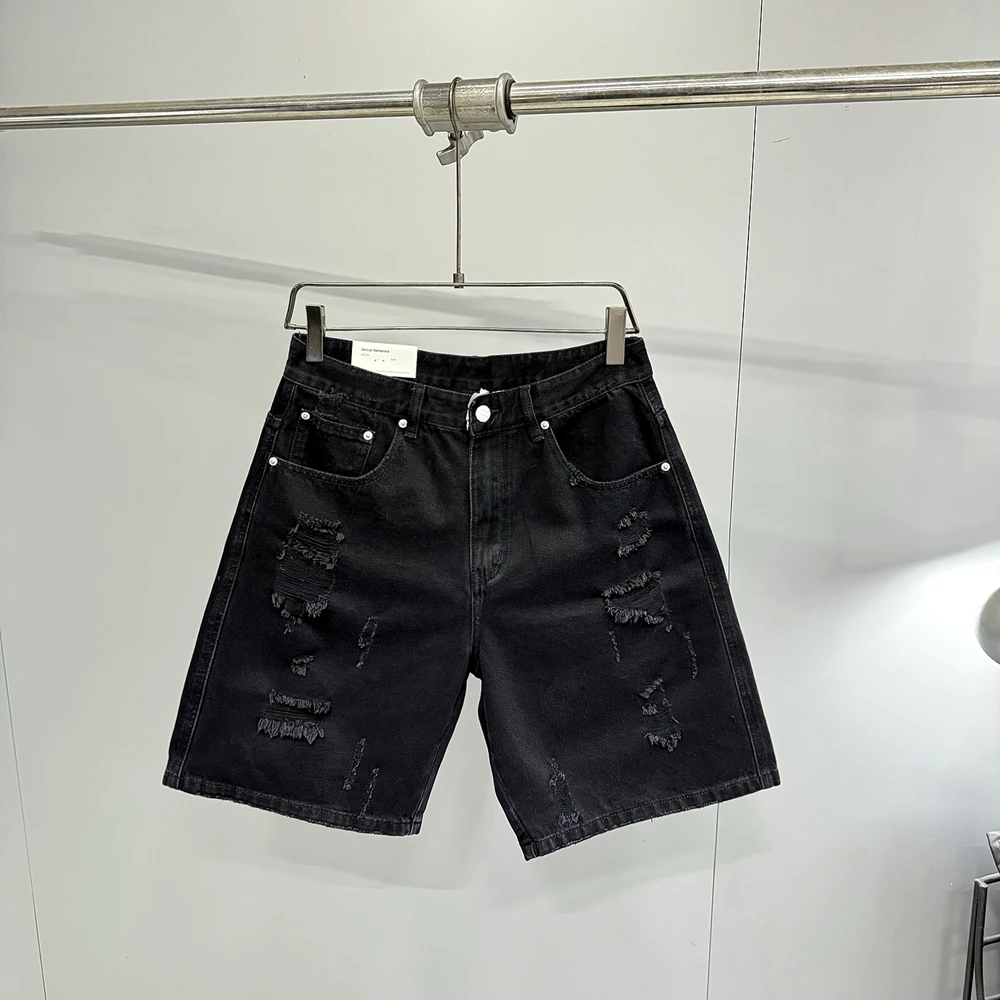 Celana Pendek Denim Hitam Robek Antik Amerika Musim Panas untuk Pria Jeans Trendi Pakaian Jalanan 5 Inci Pas Longgar Kelas Berat