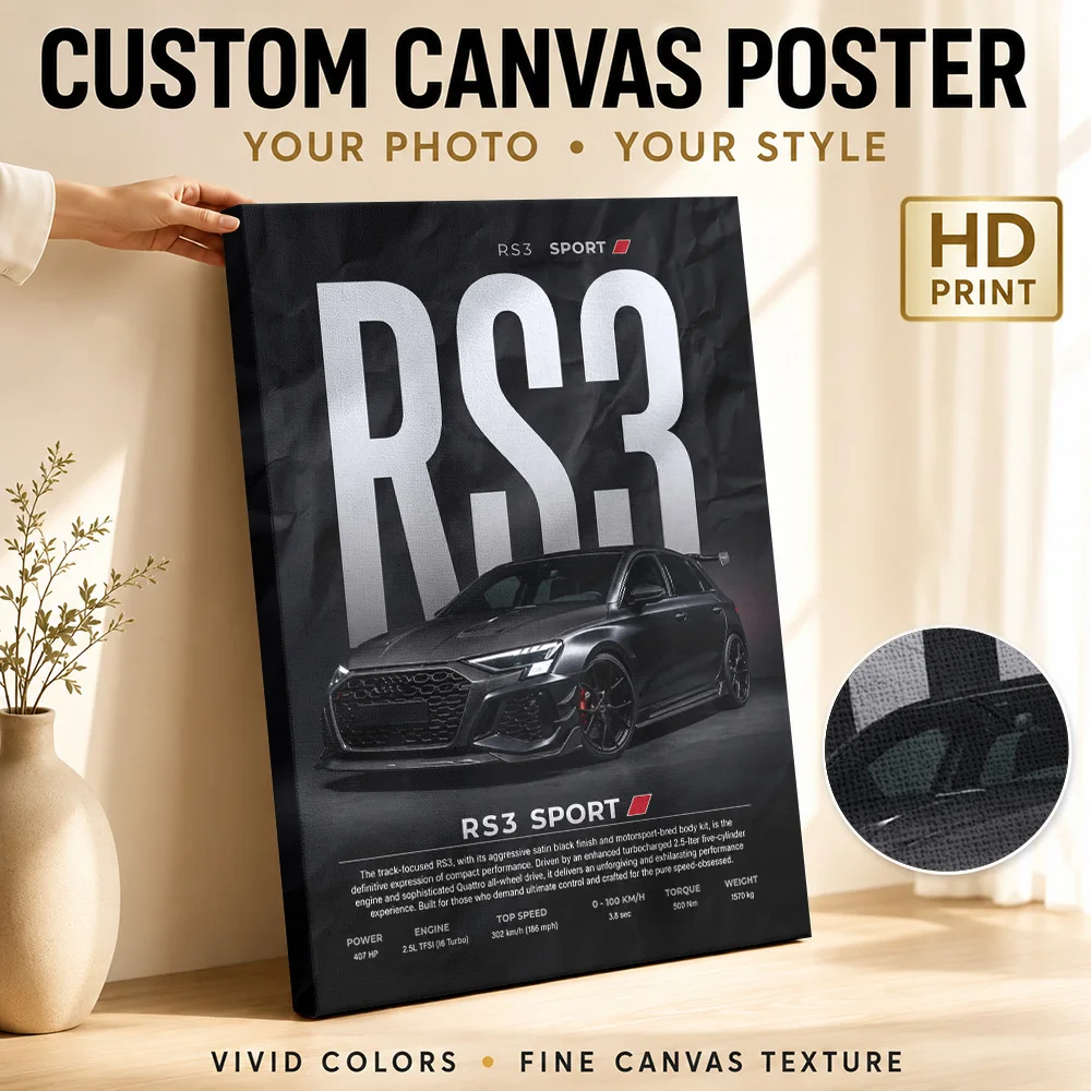 Black Sleek German RS3 Sport Performance Framed Canvas Poster Customized Photo Gallery Style Wall Art Garage Decor Driver Gift