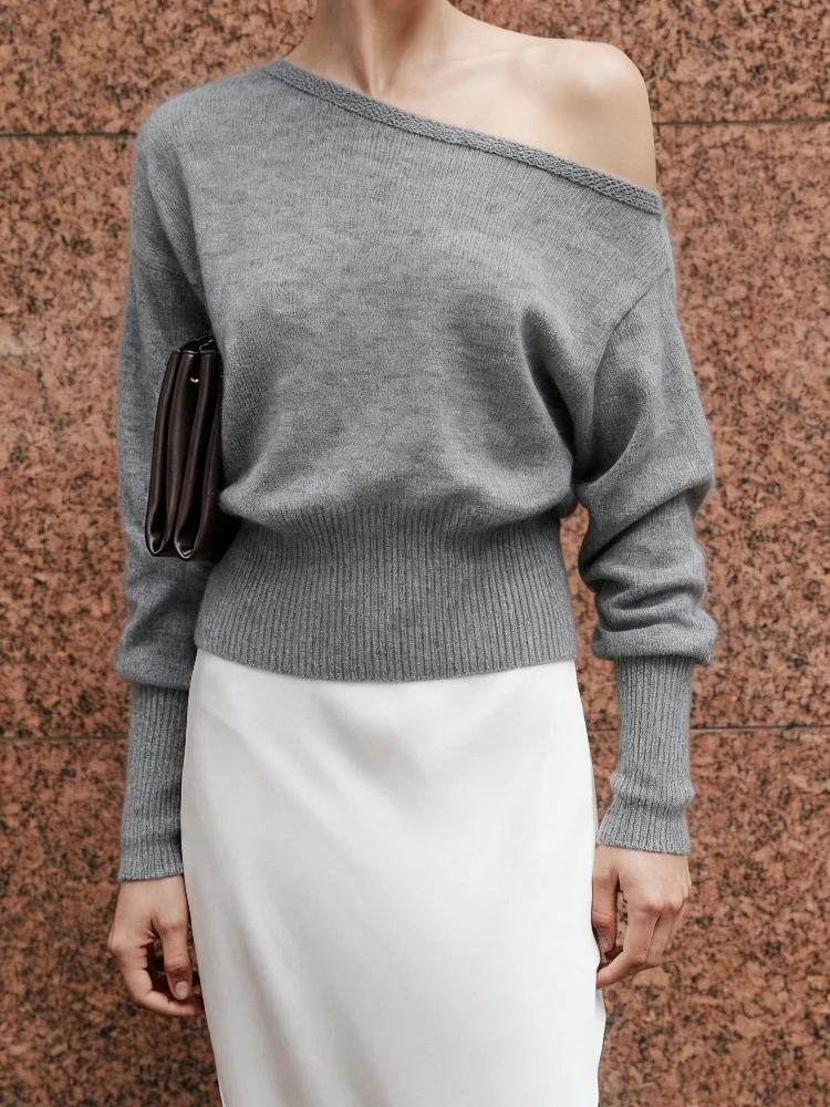 

Vintage One Shoulder Knitted Sweater Pullover Women Autumn Winter White Button Long Sleeve Casual Y2K Ladies Top Knitwear New