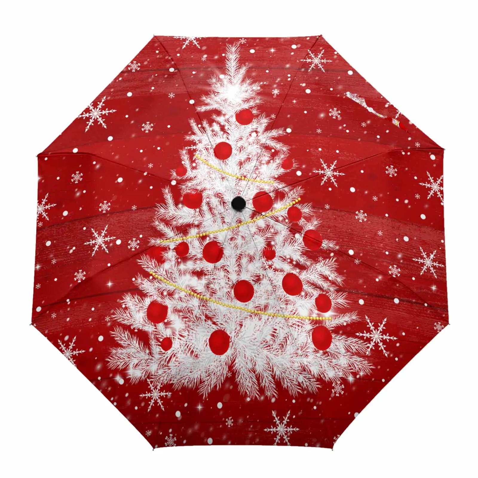 Christmas Red Wood Grain Tree Snowflakes Outdoor Beach Printed Rain Umbrella for Women Fully-automatic Foldable Sun Umbrella