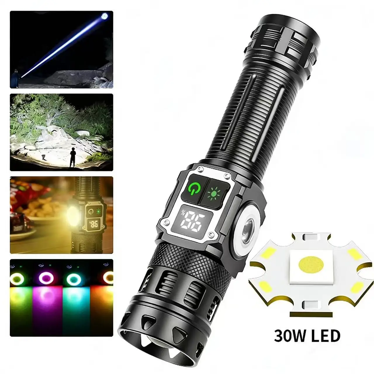 Outdoor Magnetic Charging Flashlight with Digital Display, LCD Focusing Mechanism, Long-range White Laser Beam