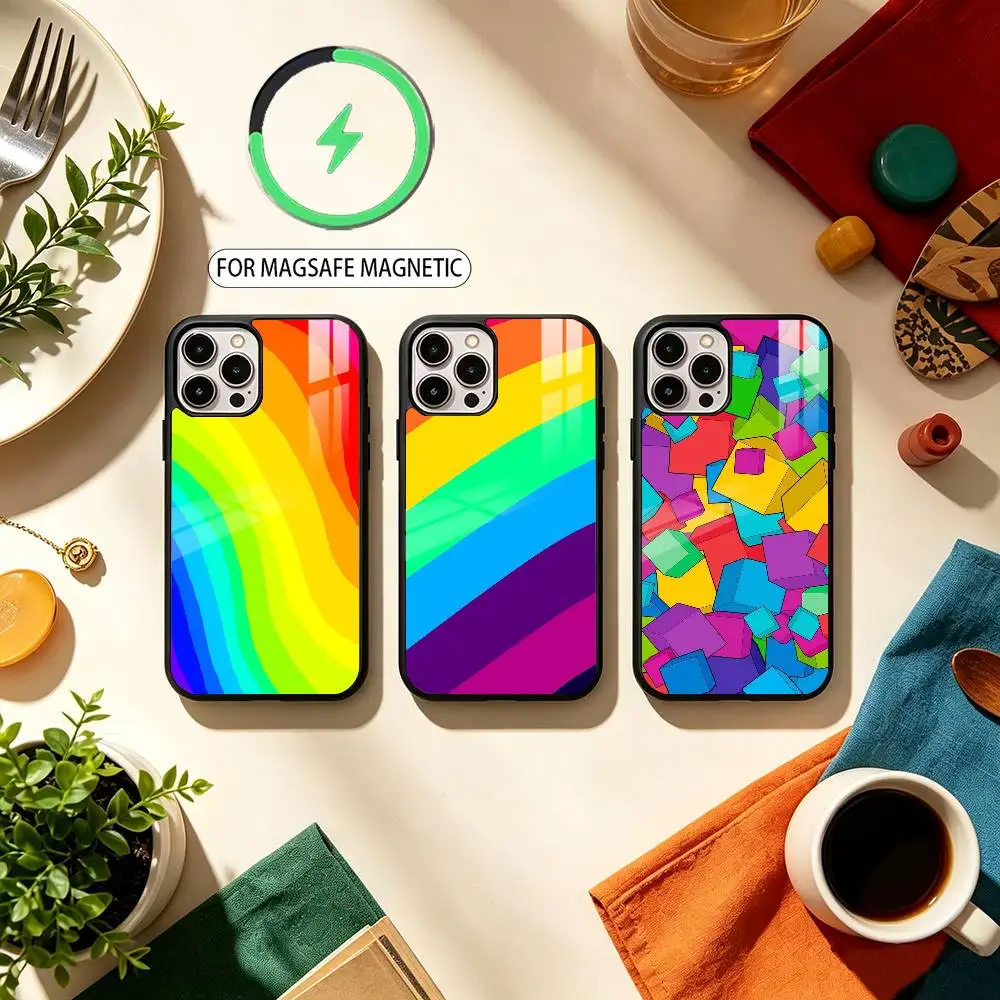 C-Colorful Rainbow Stripe  Phone Case For iPhone17,16,15,14,13,12,11 Plus,Pro Max Magnetic For Magsafe Wireless Charging
