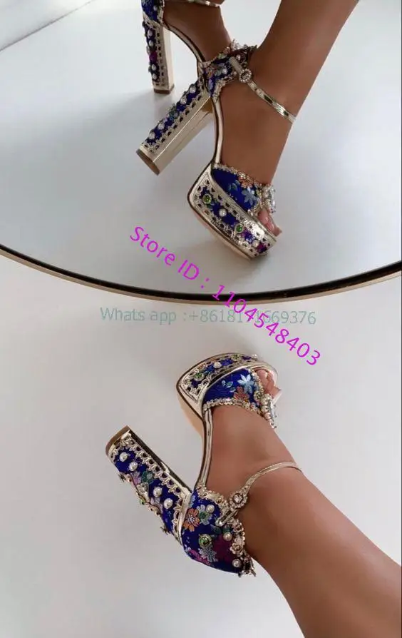 

Block High Heel Crystal Platform Jewelry Sandals Women Luxury Ankle Strap Square Toe Sandals Dress Leather Platform Dress Sandal