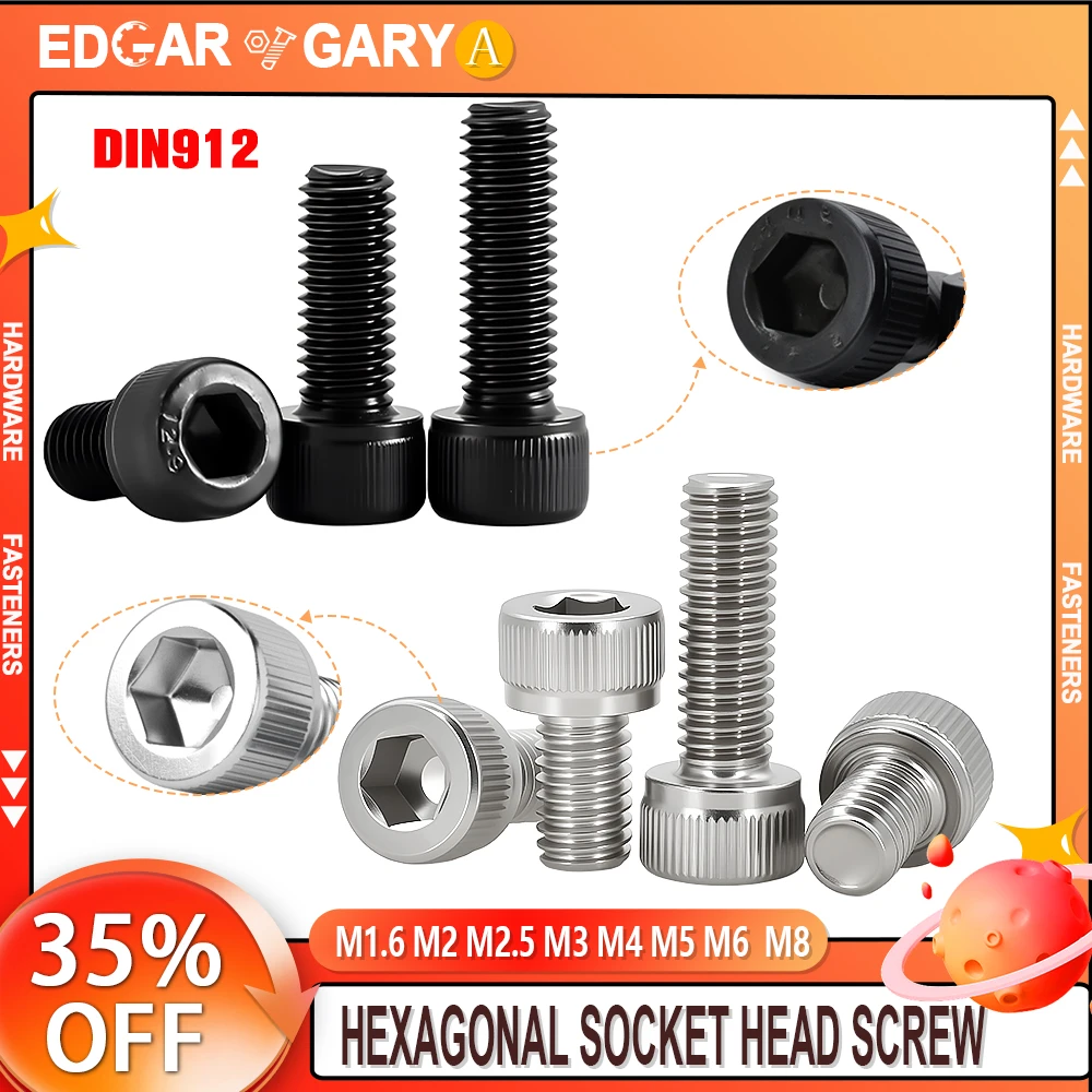 M1.6M2M2.5M3M4M5M6M8 A2 304 Allen Stainless Steel DIN912 Black 12.9 Grade Hexagon Hex Socket Head Cap Allen Bolt Screw 5-55pcs