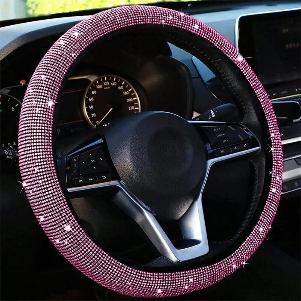 Non-Slip Crystal Diamond Steering Wheel Cover Wear Resisting Bling Shiny Interior Car Steering Wheel Protector Leather