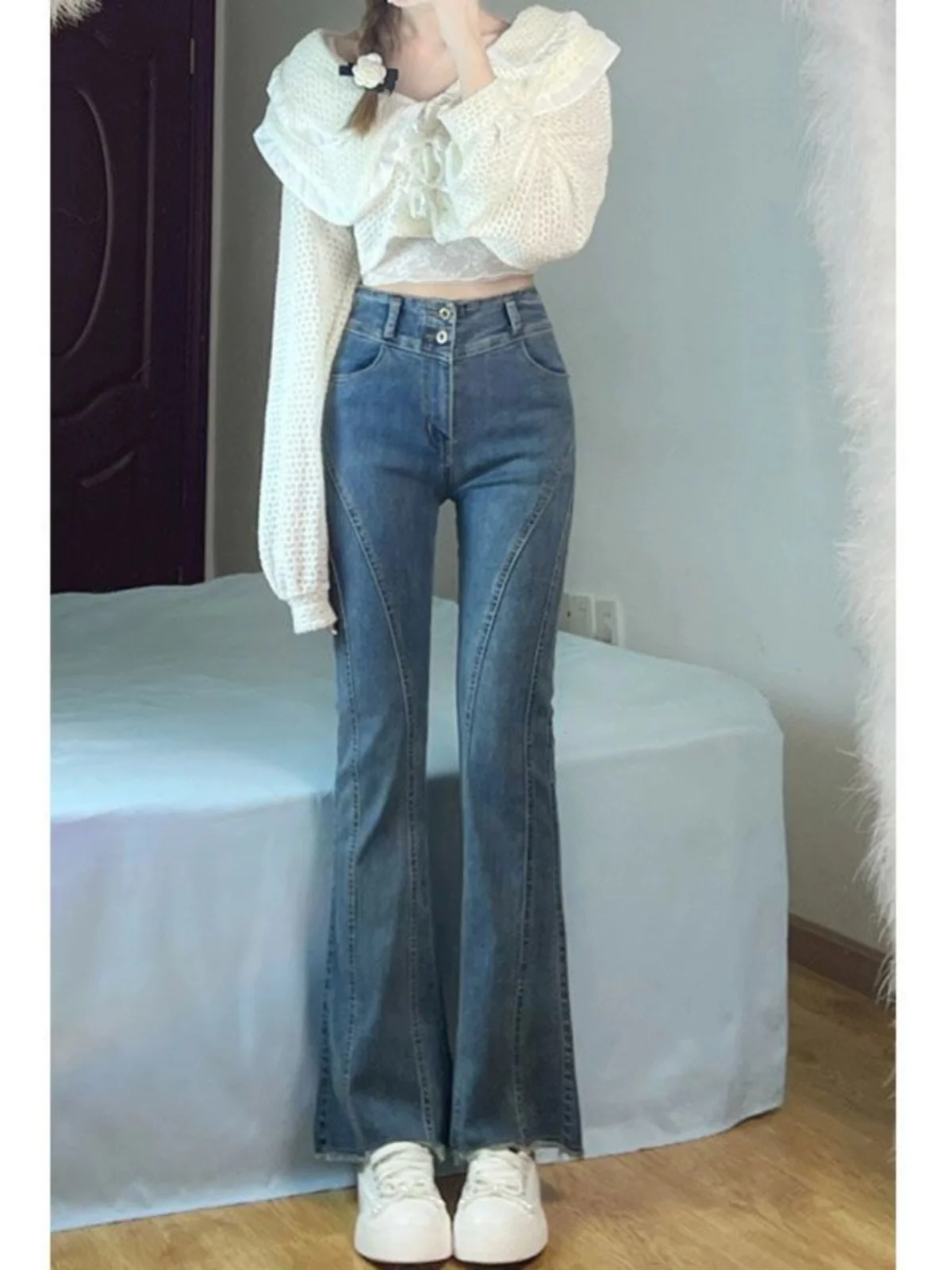 

High Waist Bell Bottom Jeans Women's Spring 2024 Slimming Hoof Design Ruffle Classic Blue Denim Trousers