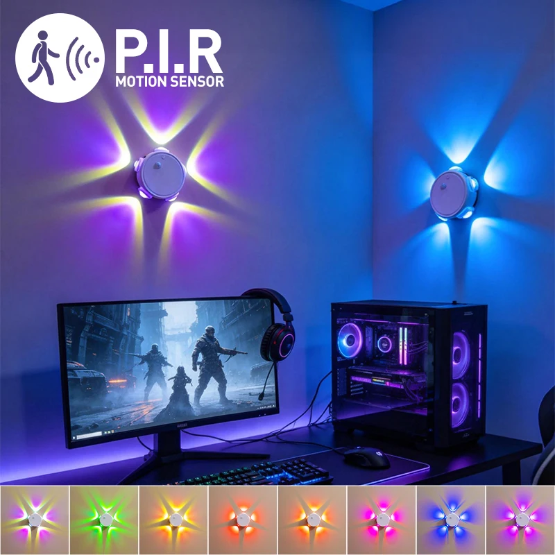 Smart LED RGB Gaming Atmosphere Light with PIR Motion Sensor Rechargeable Magnetic Wall Lamp Mood Ambient Light