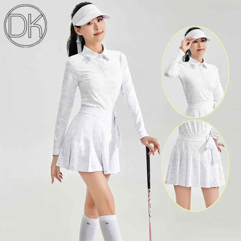 DK Spring Summer Ladies Golf Top Printed Long Sleeve Button Collar Shirt Woman High Waist Golf Skort Pleated Bowknot Skirts Suit