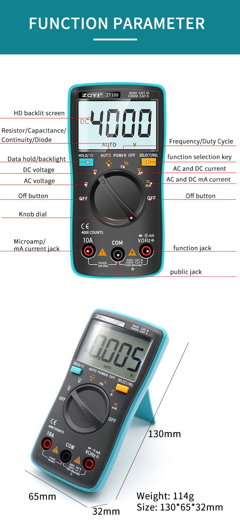 Zoyi zt100 4000 zählt digital multimeter esr meter tester automotive elektrische dmm transistor peak tester kapazitäts messer – Detail 4