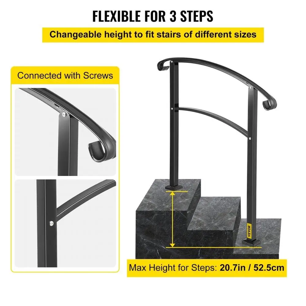 3-Step Transitional Handrail Fits 1 or 3 Steps Matte Stair Wrought Iron Handrail with Installation Kit Hand Rails for