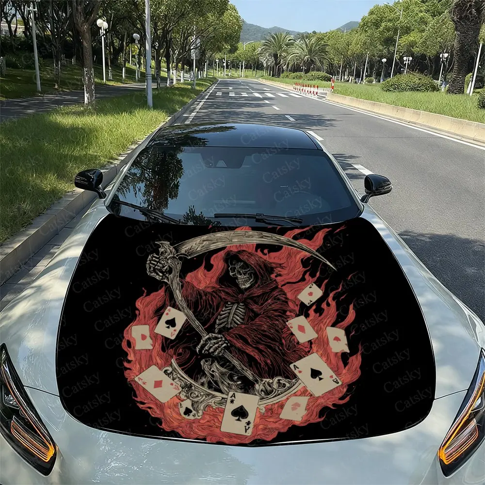Flame Card Skeleton Car Hood Vinyl Wrap - Waterproof Self-Adhesive Decal, Fit For Most Cars, Durable Surface Protection, Auto Ac