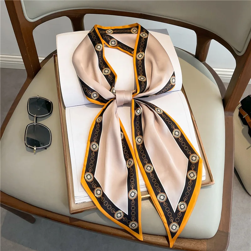 Thin, narrow, long scarf, necktie, polka dot, horse, checkerboard, double layer, artificial silk scarf, women's summer hair tie
