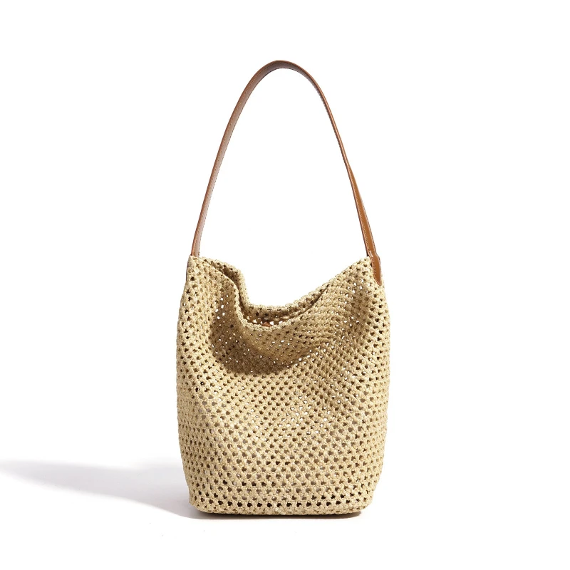 

Summer Top Layer Cowhide Bucket Underarm Bag, Large Capacity Woven Beach Vacation Shoulder Bag, Versatile Tote Bag for Women