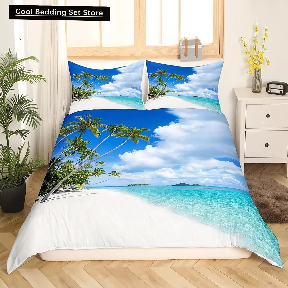 Beach Ocean Duvet Cover Set Hawaiian Palm Tree Waves Bedclothes Tropical Island and Sea Beach Nature Theme Polyester Qulit Cover