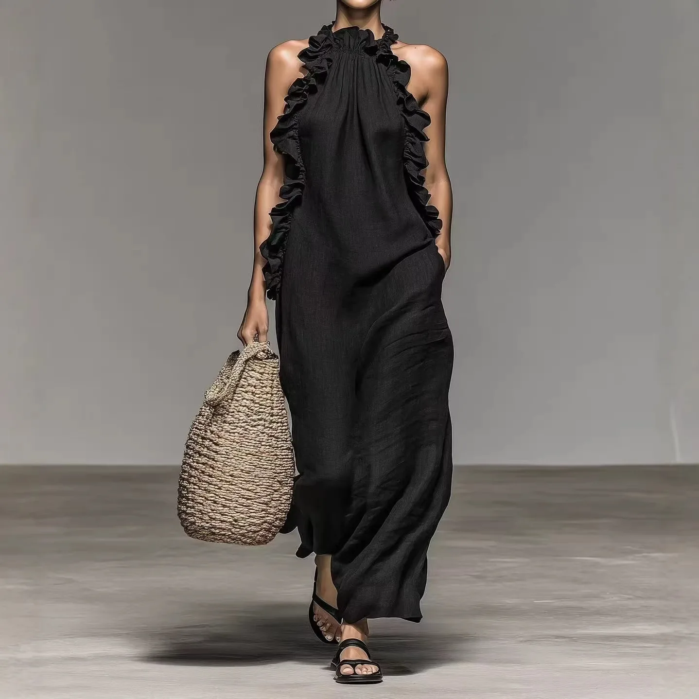 Halterneck mouwloze jurk met ruches Zomer dames effen kleur casual losse lange jurk met zakken Платье Женское Ropa Mujer