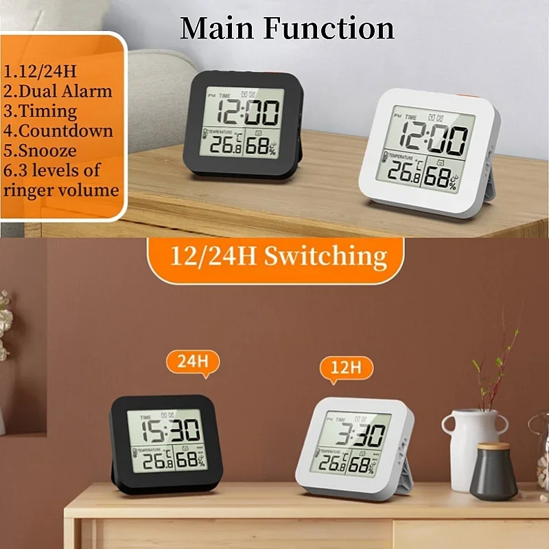 Picture 4: Mini Digital Alarm Clock TEMP Humidity Dual Alarm Timing Countdown Backlight Snooze Table Clock 12/24H Battery Powered LCD Clock