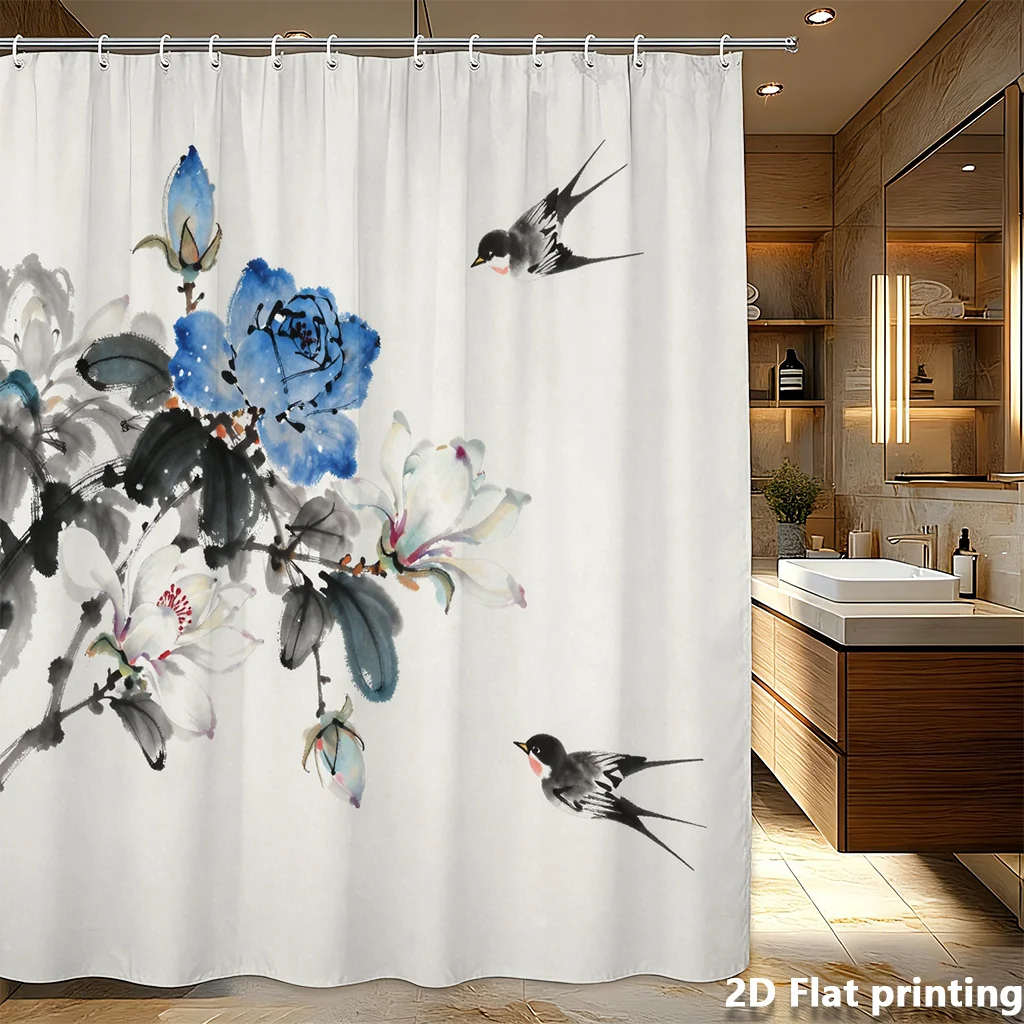 

Blue Flower & Swallow Ink Painting Shower Curtain – 2D Digital Print Polyester, Grommet Top, 72x72 inch, Zen Bathroom Decor
