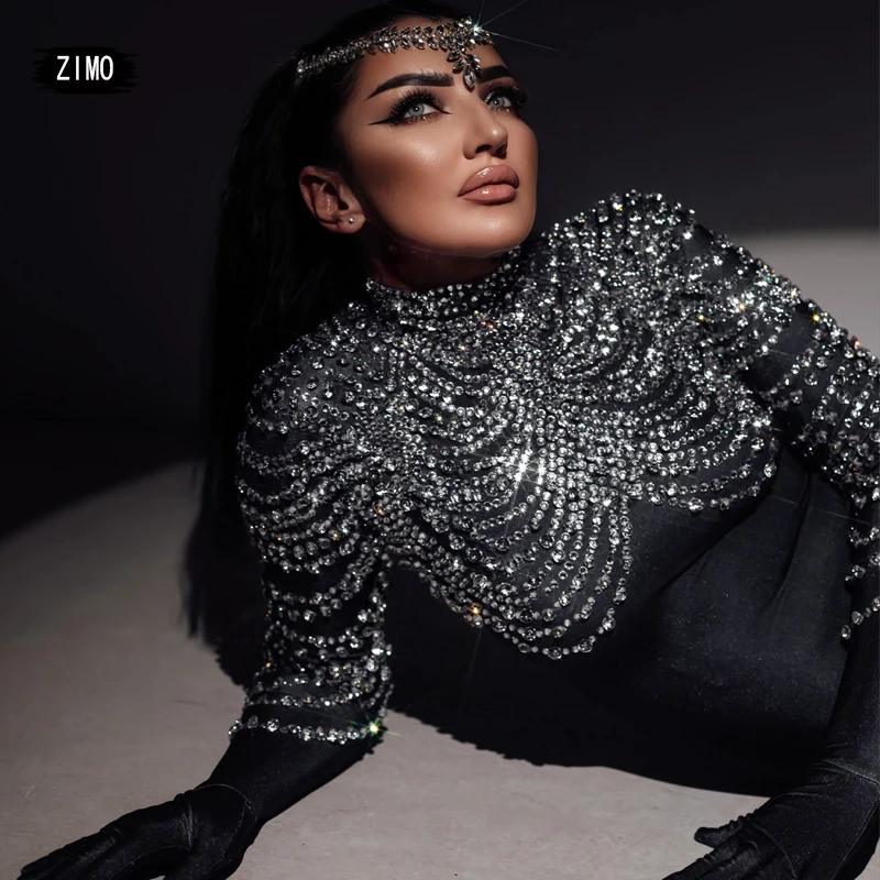 glitter rhinestones long sleeve black jumpsuit gloves Singer Stage sexy Birthday club party pole dancer wear outfits Celebrate