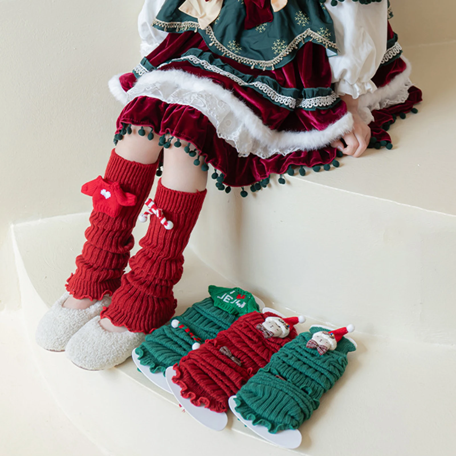 Tregren Toddler Kids Girl Leg Warmers with Plaid Bow and Santa Hat Doll Embellishments Kawaii Knit Ribbed Knee Socks