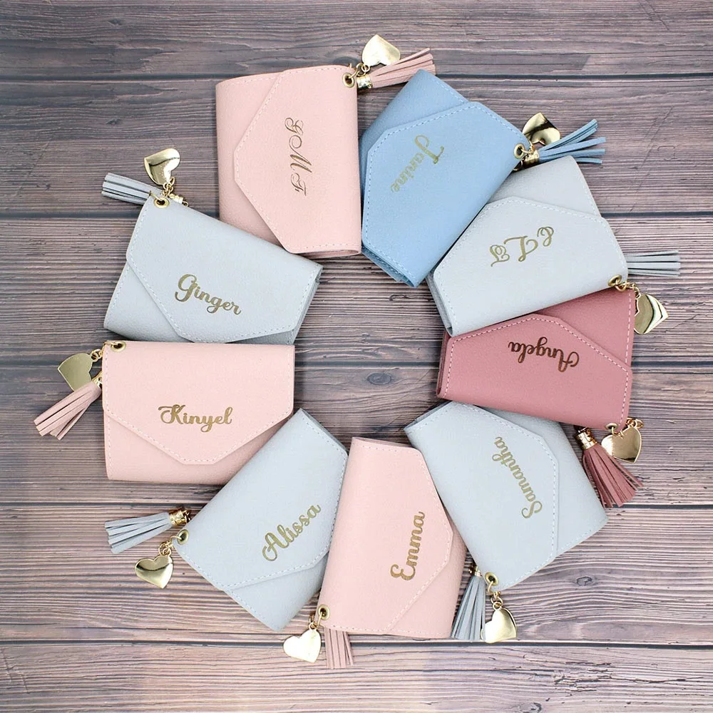 Cartera de cuero personalizada para mujer, bolso de tarjeta, grabado de dama de honor, fiesta nupcial, minimalista, regalos de boda, favores de