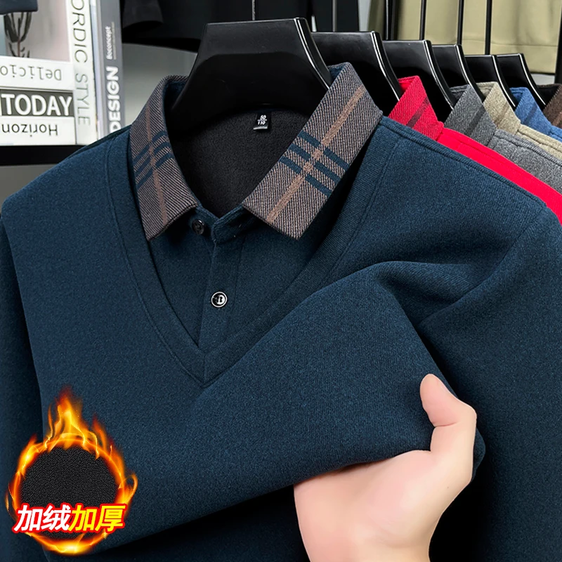 2025 جديد وهمية قطعتين سترة الرجال الشتاء أفخم سميكة قميص طوق جديد دافئ محبوك أسفل رداء علوي من الصوف #2