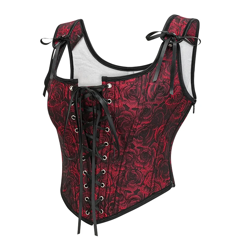 Red Rose Print Front Lace Up Overbust Victorian Corset Bustier Top Women Vintage Style Romantic Goth Clothing Corselet Feminino