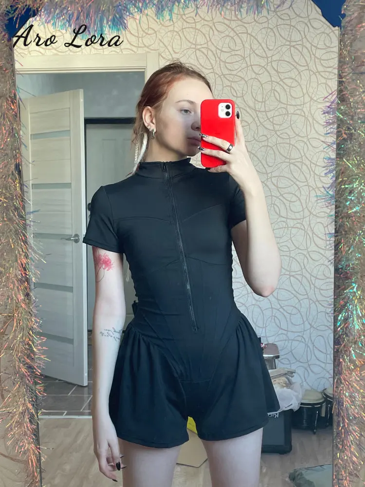 Sexy Bodycon Zipper Bodysuit Women O-Neck Short Sleeve Playsuit  Summer Elegant Casual Slim Jumpsuit Rompers Sport Gym Clothes