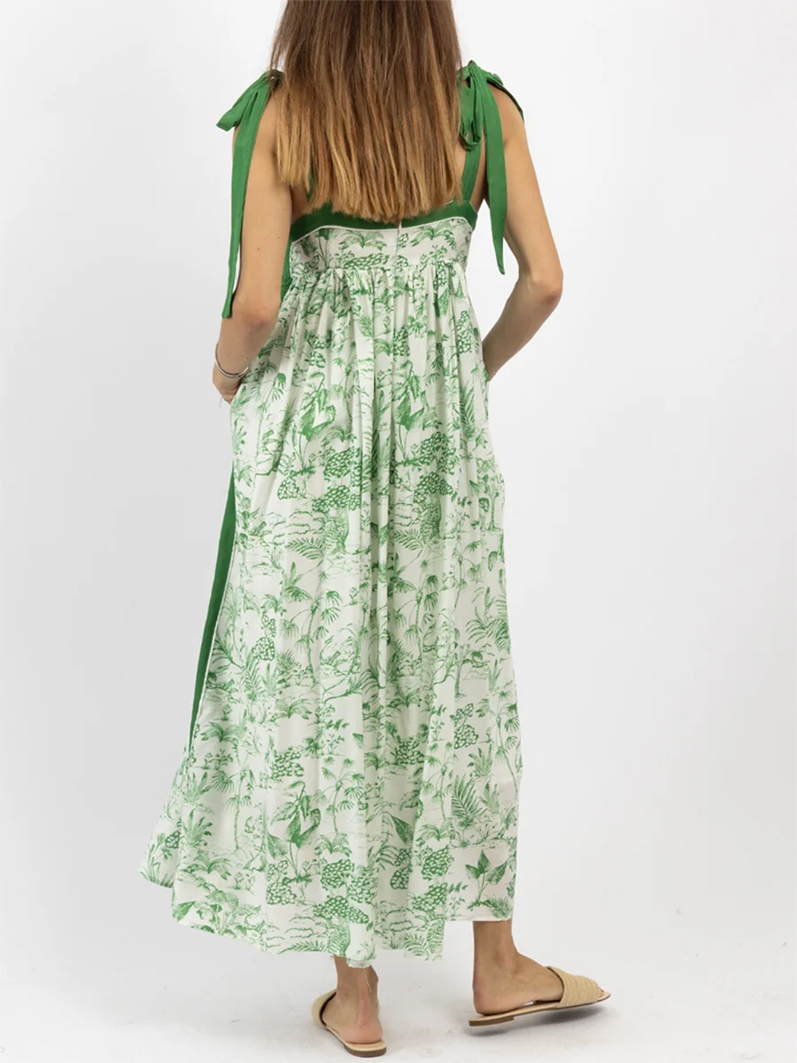 Vestido longo com estampa floral feminino, alça de laço, gola quadrada, sem mangas, vestidos soltos para férias na praia, boêmio, verão