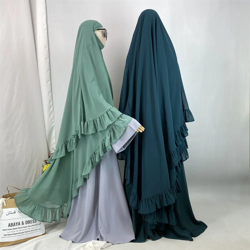 

Ruffles Khimar Long Hijab Eid Djellaba Women Muslim Prayer Garment Ramadan Islam Clothing Turkey Niqab Headscarf Abaya Headdress