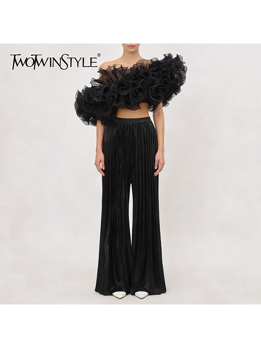 TWOTWINSTYLE Design Sense Two Piece Sets for Women Diagonal Collar Short Sleeves Spliced Fungus Vest Wide Leg Pant Set Female
