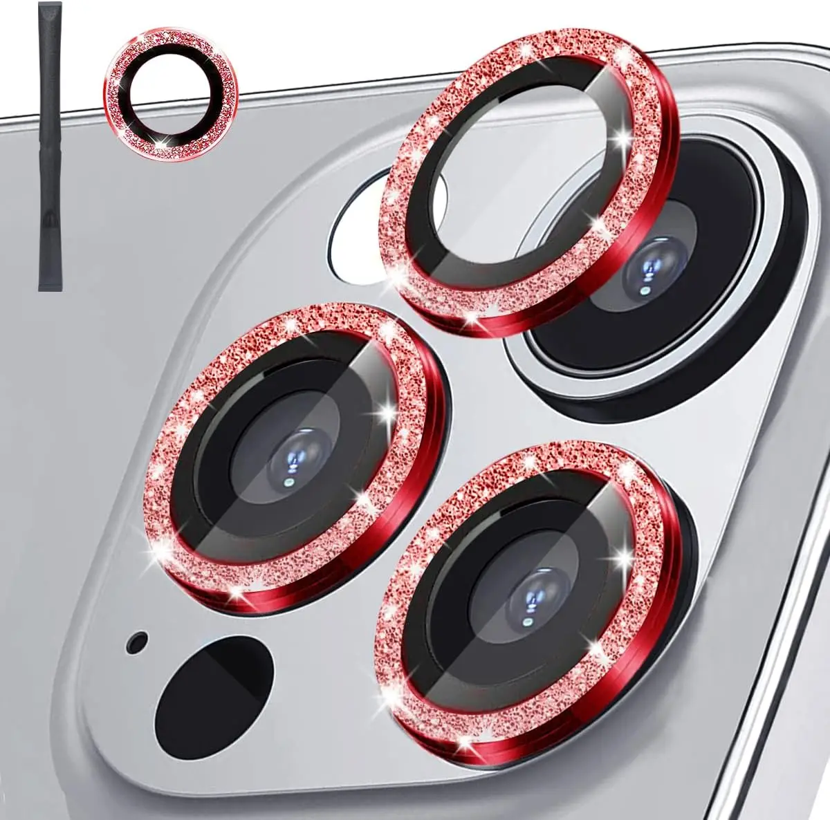 iPhone 15/16/17Pro Max用 キラキラピンクレンズフィルム 2～3枚入り カメラレンズ保護 9H強化ガラス製 カメラカバー メタル個別リング付き