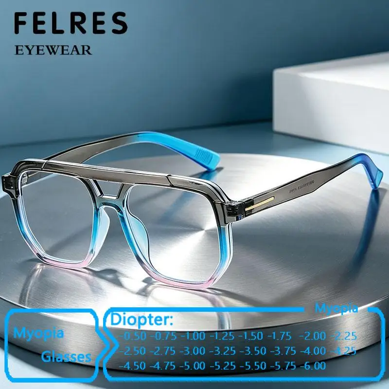 Square Double Bridge Blue Light Blocking Myopia Glasses Women Outdoor Shade Driving Prescription Nearsighted Eyewear -0.5 to-6.0