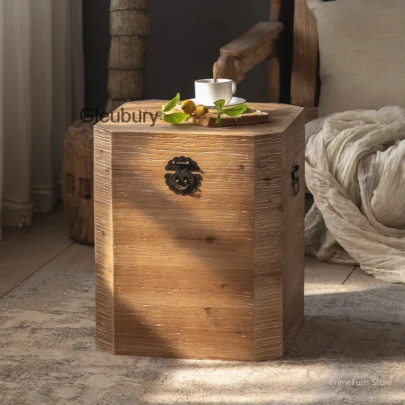 Distressed Solid Wood Crate Coffee Table Storage Side Nightstand