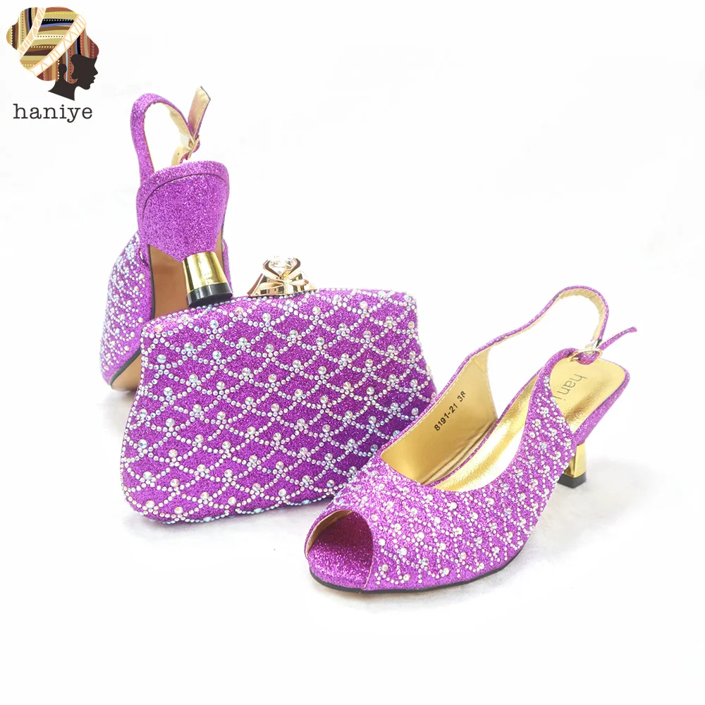 Purple 6.5cm High Heels Matching Bling Purses For Women Crystal Clutch Evening Bag Wedding Party Shoes And Handbag Set