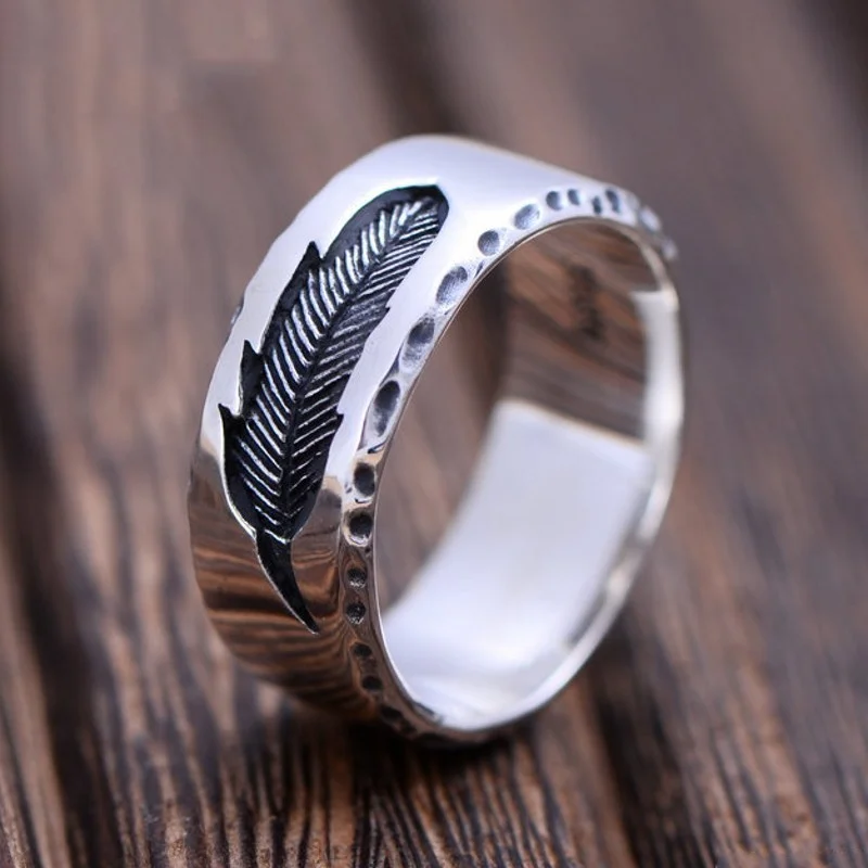 

New Real S925 Pure Silver Jewelry 7mm Creative Feather Men's Ring Unique and Exquisite Gifts