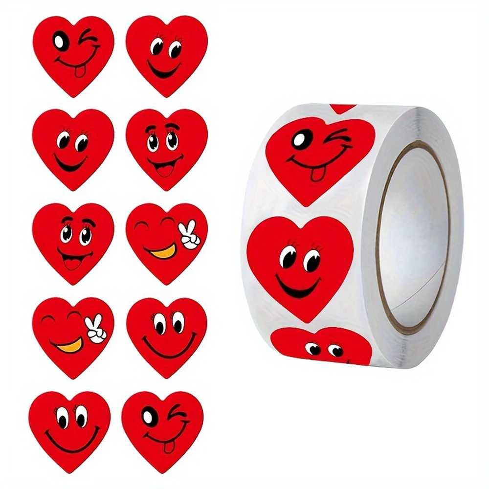 500pcs/Roll Heart-shaped Heart Emoji Smiley Face Sticker Adhesive Sticker Gift Packaging Sticker