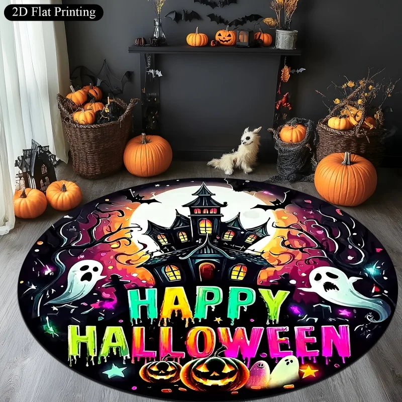 Happy Haunting Ghost Pumpkin Halloween Round Rug,Haunted House Candle Bat Printed Circular Floor Carpet,Spooky Holiday Decor