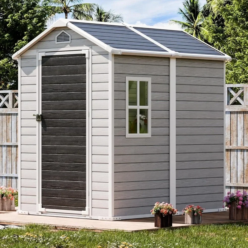 Outdoor Resin Storage Shed with Floor Window Lockable Door Included, 6x4 FT Plastic Sheds, Waterproof Outside Storage Sheds for