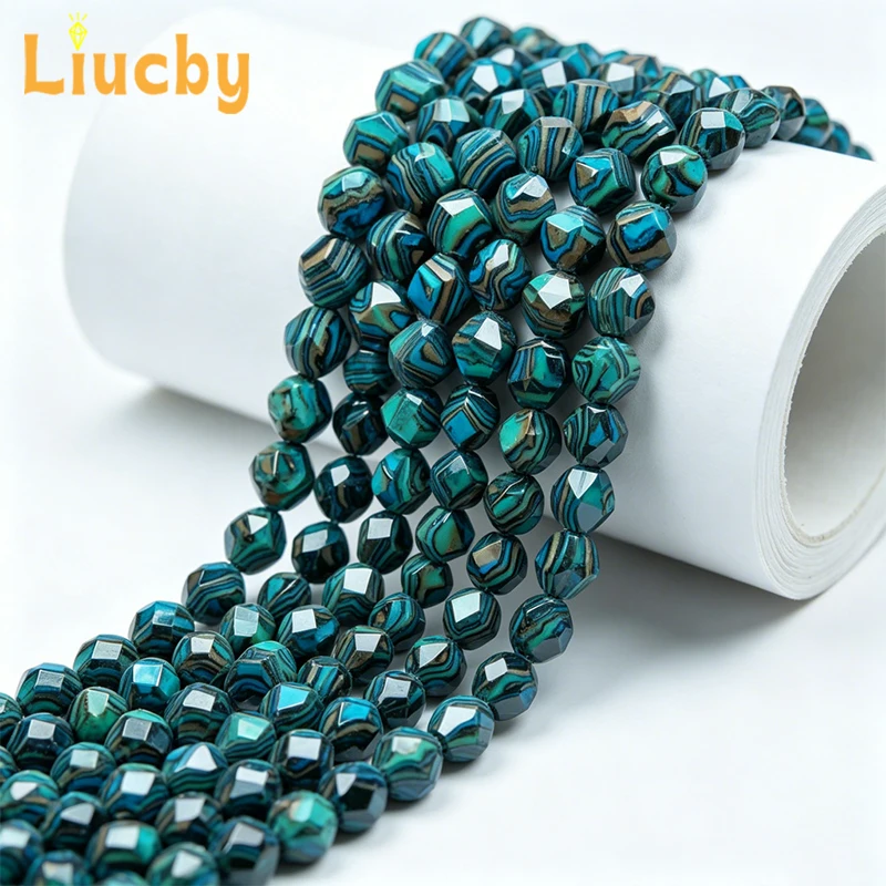 Blaue, gelbe, schwarze, facettierte runde Malachit-Edelsteinperlen, lose Perlen für die Schmuckherstellung, DIY-Armband-, Halsketten- und Ohrringzubehör.