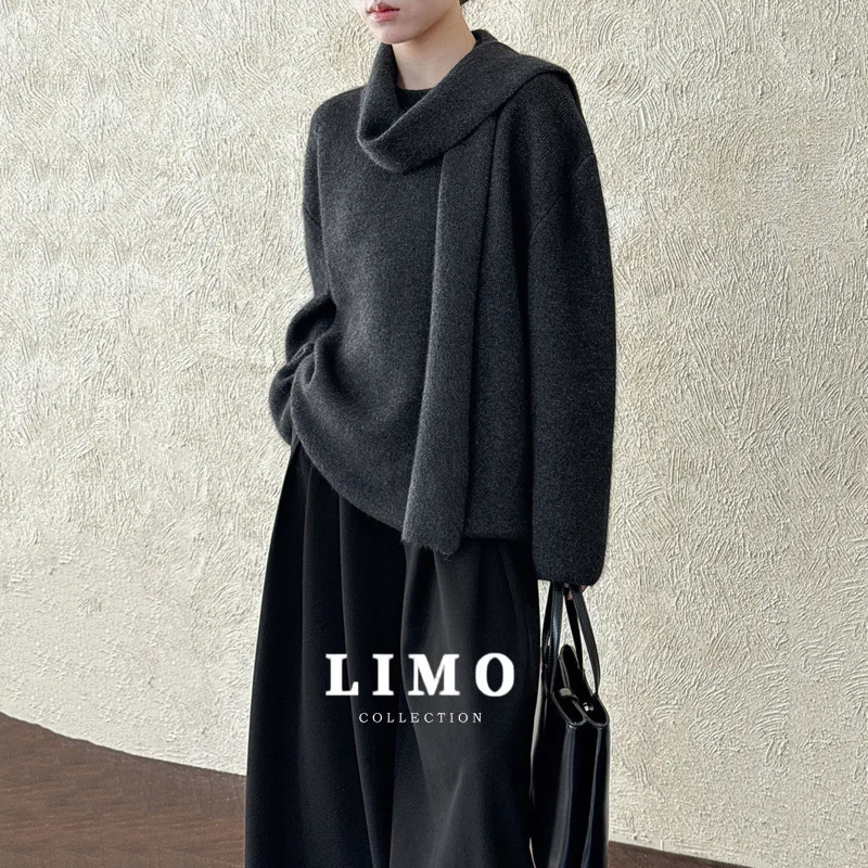 

LIMO женский шерстяной свитер с шарфом и воротником, шикарный трикотаж большого размера, мягкая теплая нейлоновая смесь шерсти для осени и зимы, повседневная повседневная одежда