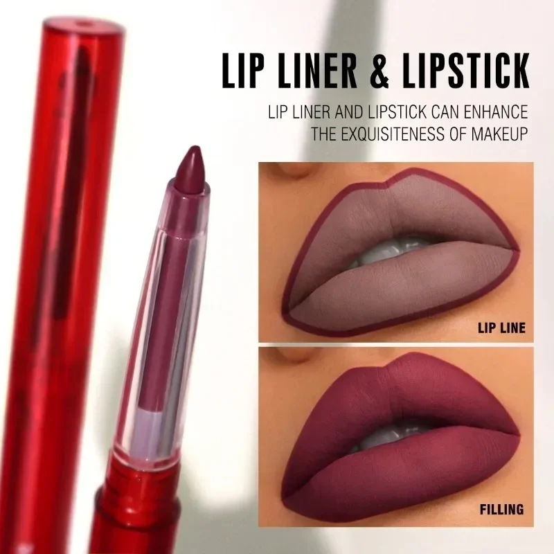 Matita per labbra impermeabile 2 in 1 rosa viola Penna per rossetto a lunga durata Velluto nudo opaco Contorno Linea di tinta per labbra rosse Cosmetico