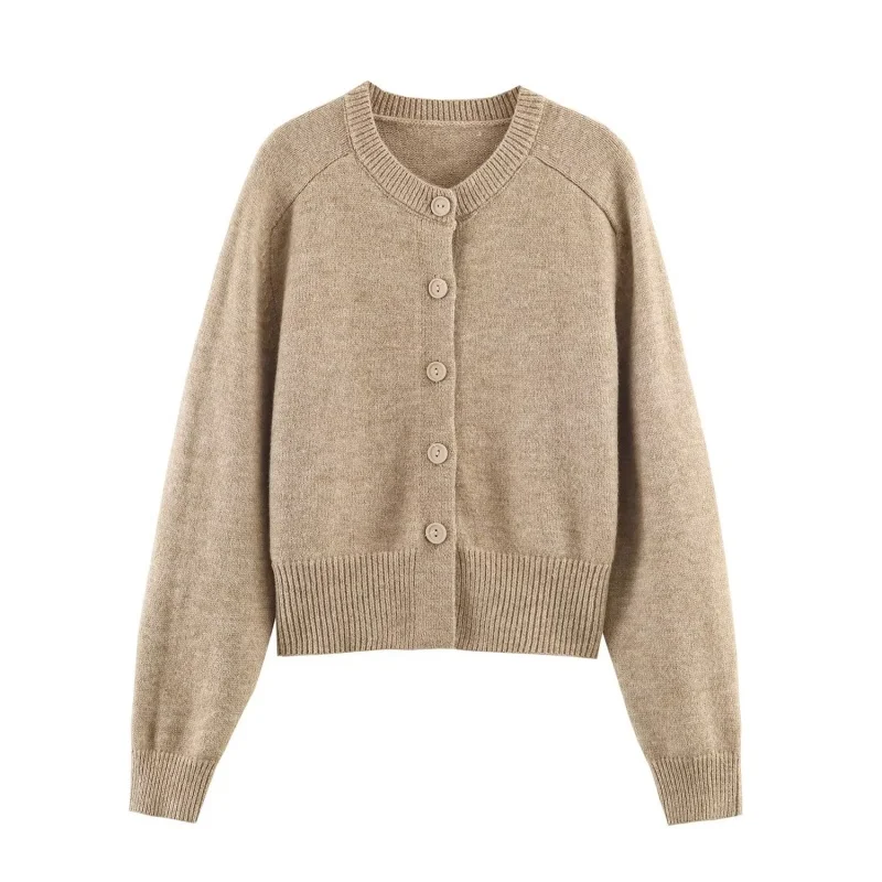 

Soft Khaki round Ne Knitted Open Cardigan Women's Loose ort Sle Polyester Fiber Long Sve Commute Friendly Knitwear